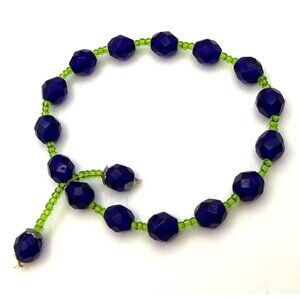 Handmade Blue Faceted Glass Bead Necklace Green Seed Beads Adjustable Tie Style